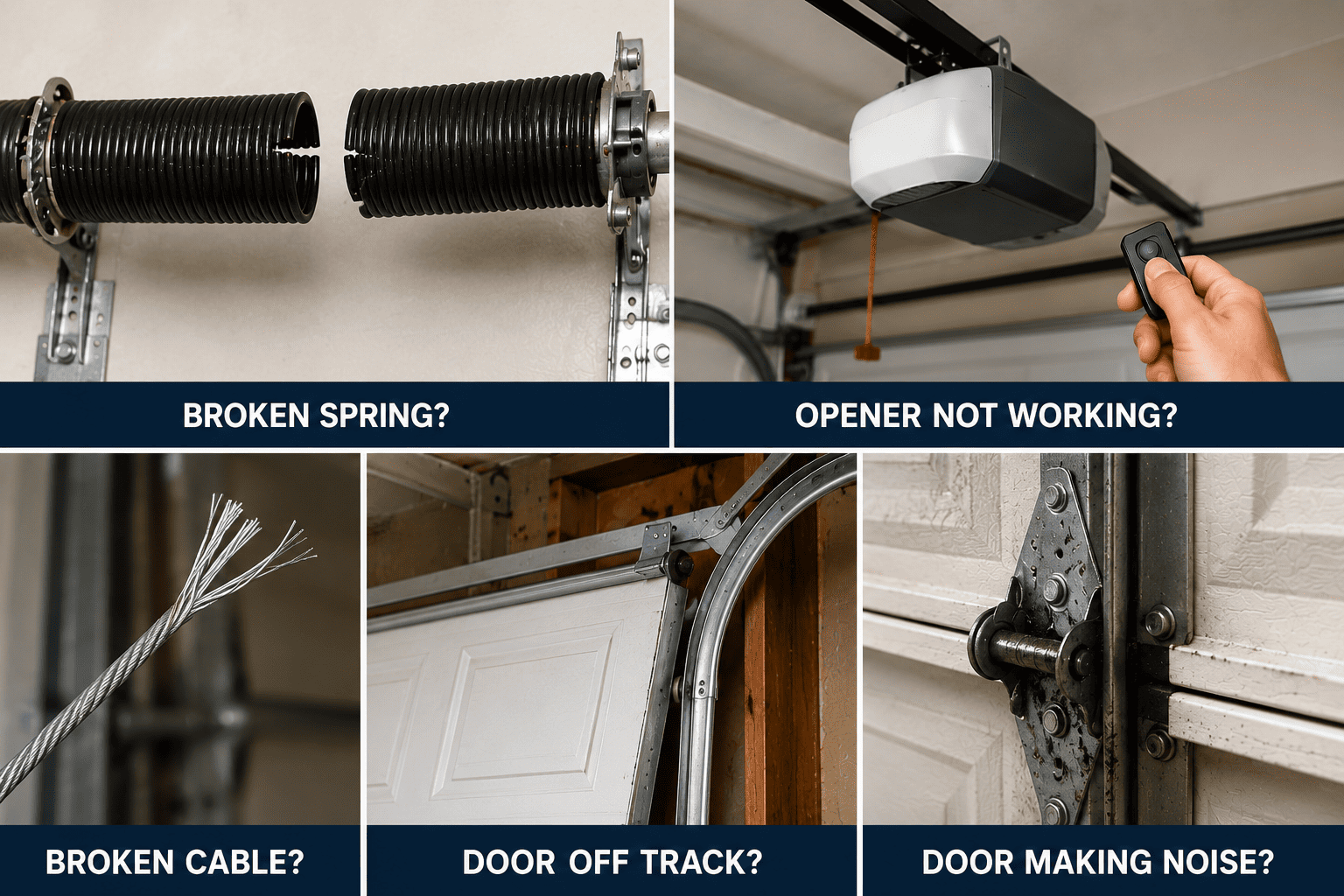 Common garage door problems including a broken spring, opener issue, damaged cable, off-track door and noisy hardware